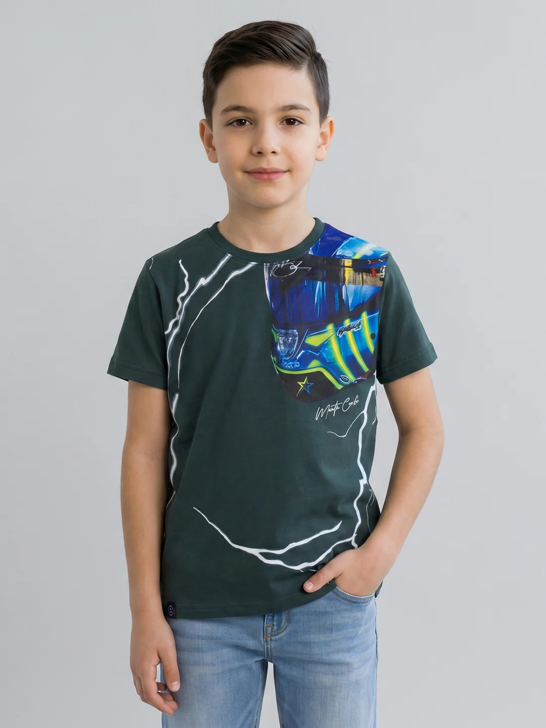 Boys Teal Blue Printed Round Neck Half Sleeve T-Shirt