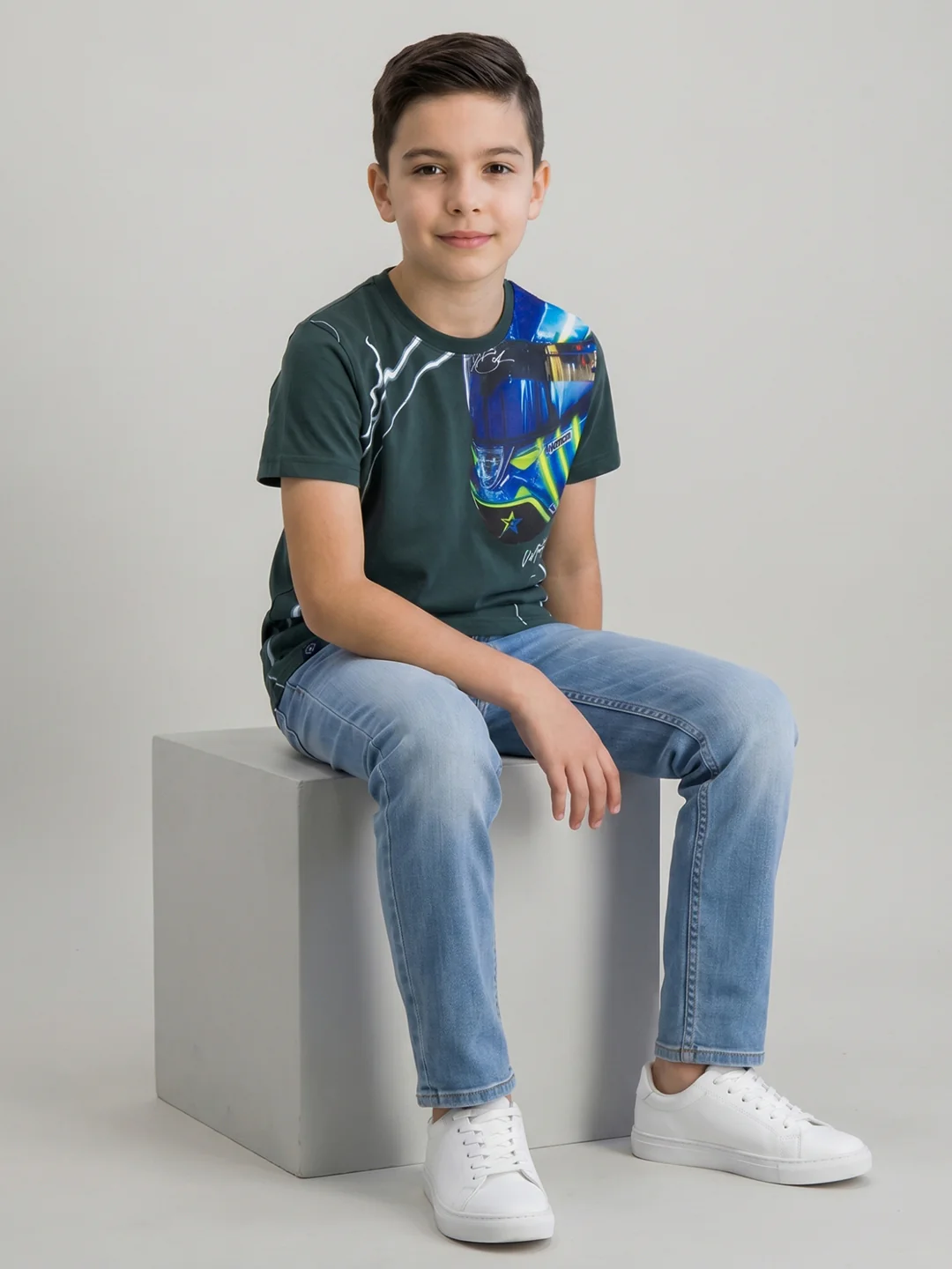 Boys Teal Blue Printed Round Neck Half Sleeve T-Shirt - Image 5