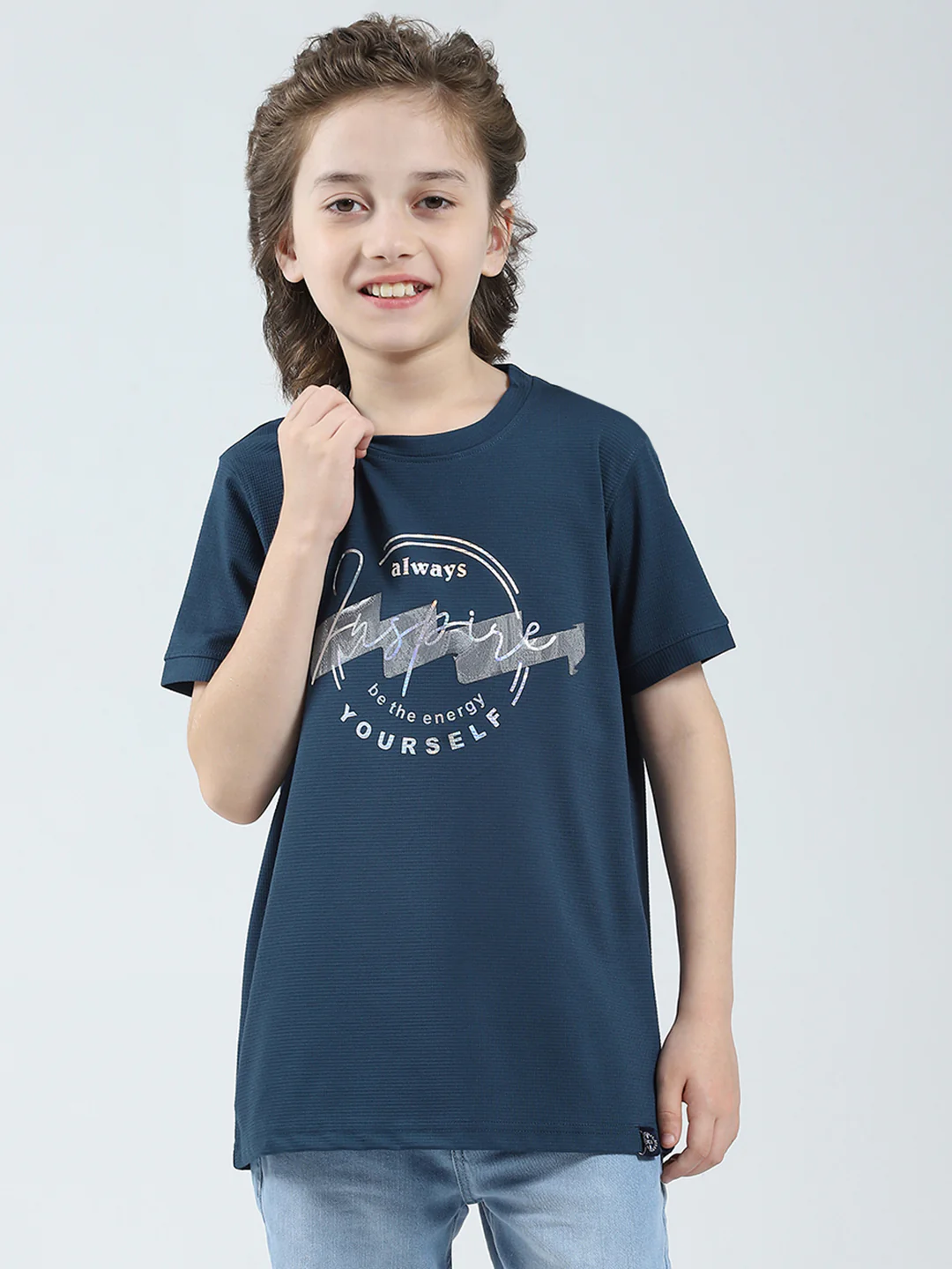 Boys Teal Blue Printed Round Neck Half Sleeve T-Shirt