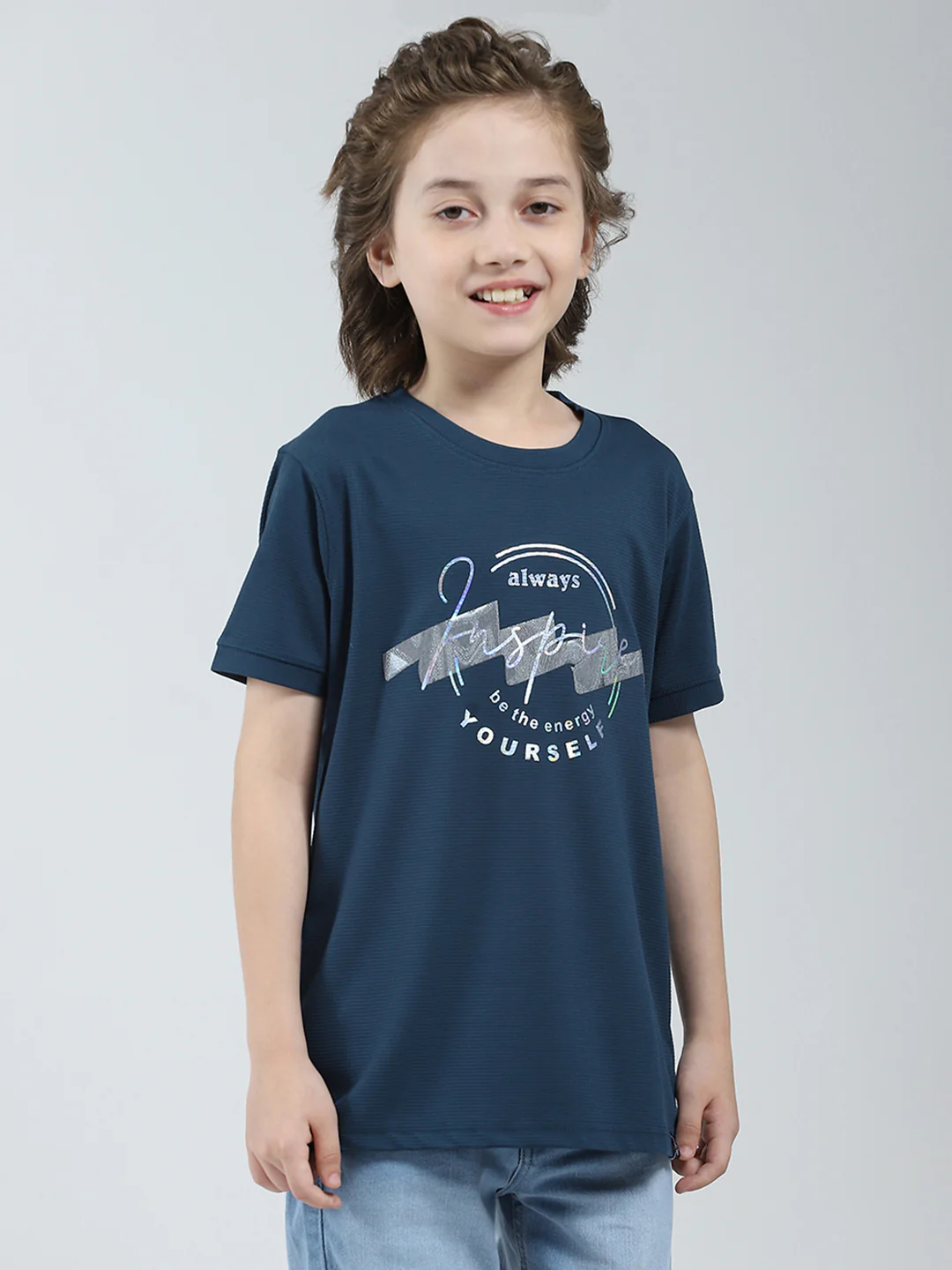Boys Teal Blue Printed Round Neck Half Sleeve T-Shirt - Image 4