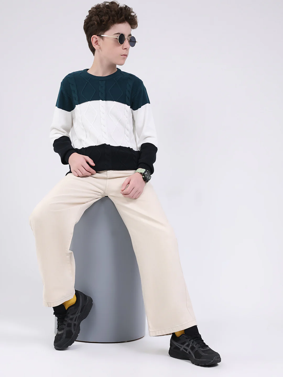 Boys Teal Blue Self Design Round Neck Full Sleeve Pullover - Image 2
