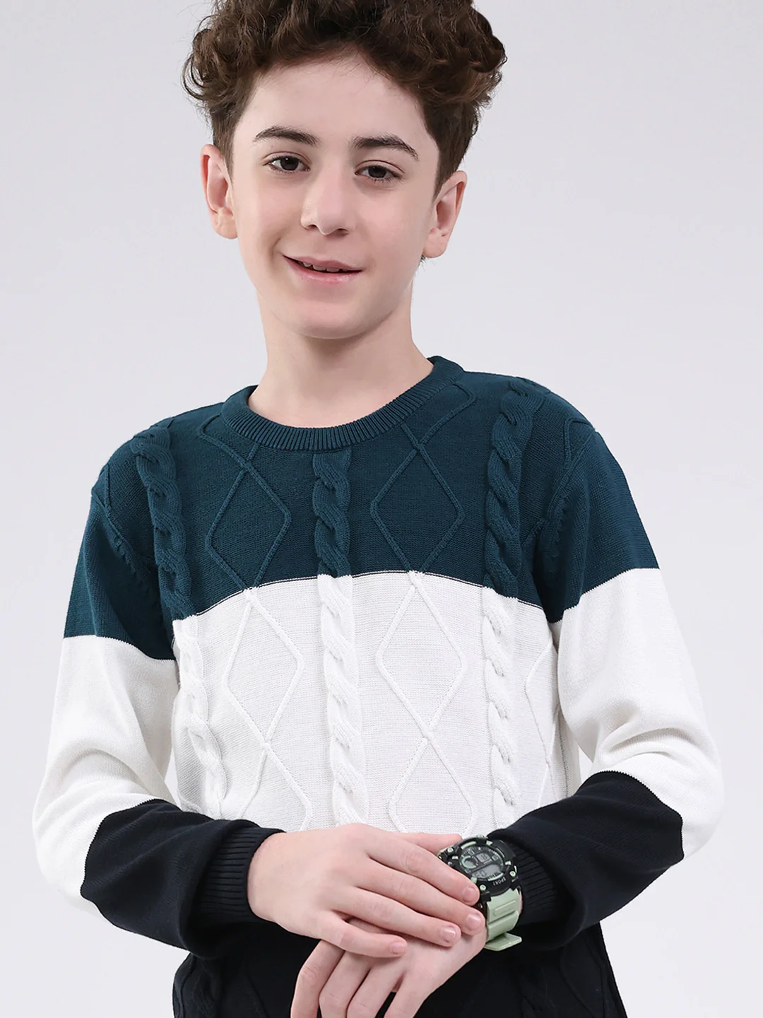 Boys Teal Blue Self Design Round Neck Full Sleeve Pullover - Image 6