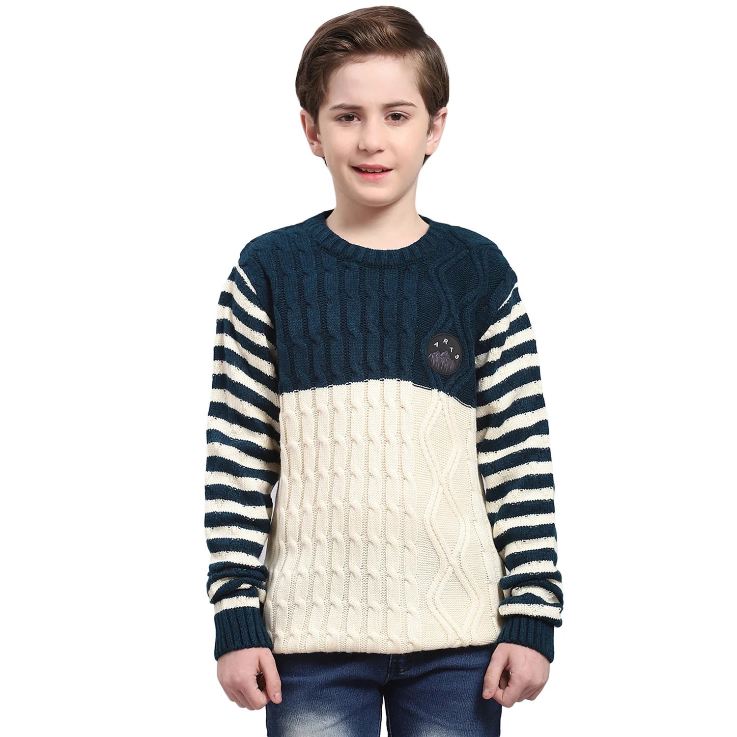 Boys Teal Blue Self Design Round Neck Full Sleeve Sweater - Image 5