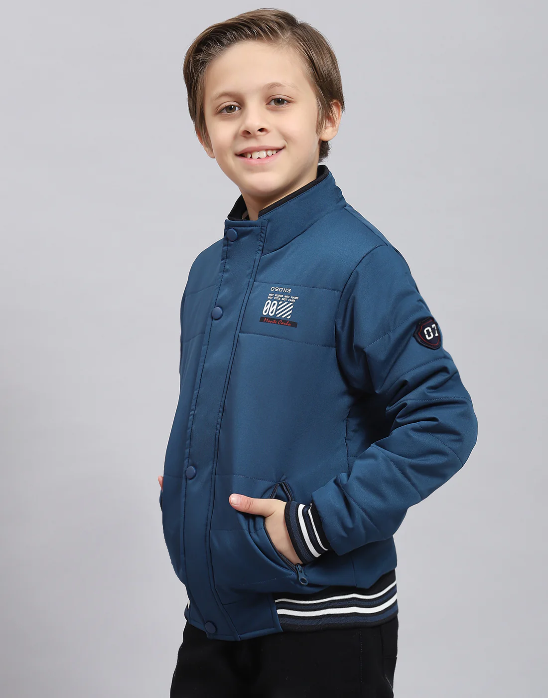 Boys Teal Blue Solid Stand Collar Full Sleeve Boys Jacket - Image 3