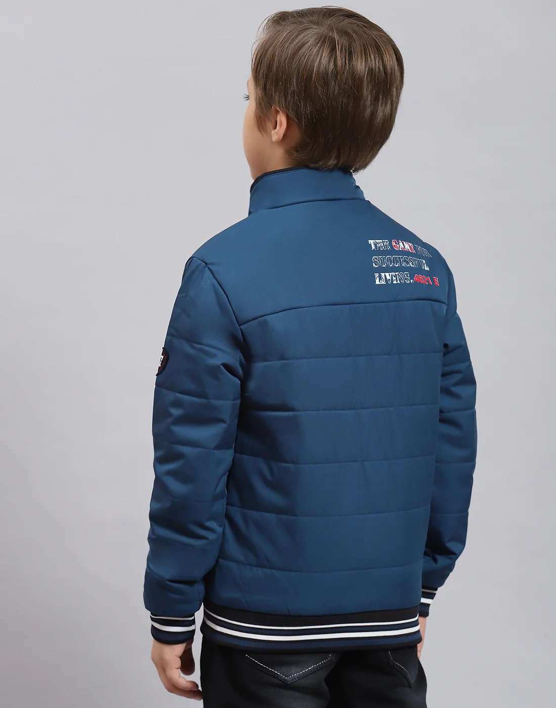 Boys Teal Blue Solid Stand Collar Full Sleeve Boys Jacket - Image 5