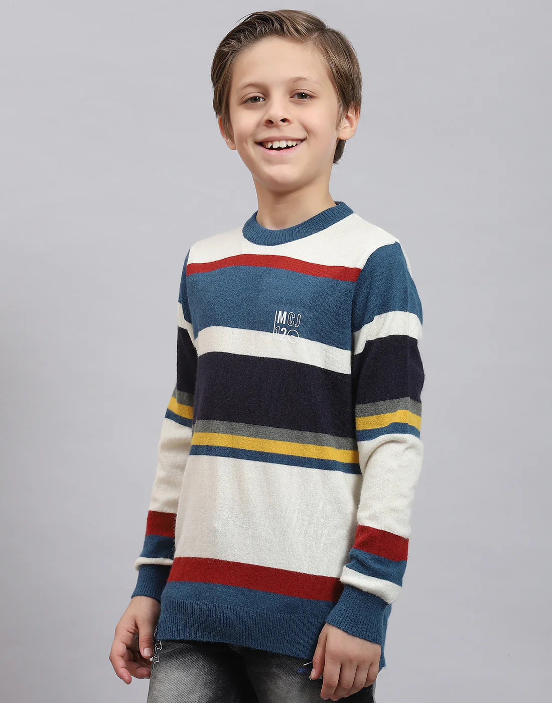 Boys Teal Blue Stripe Round Neck Full Sleeve Sweater - Image 3