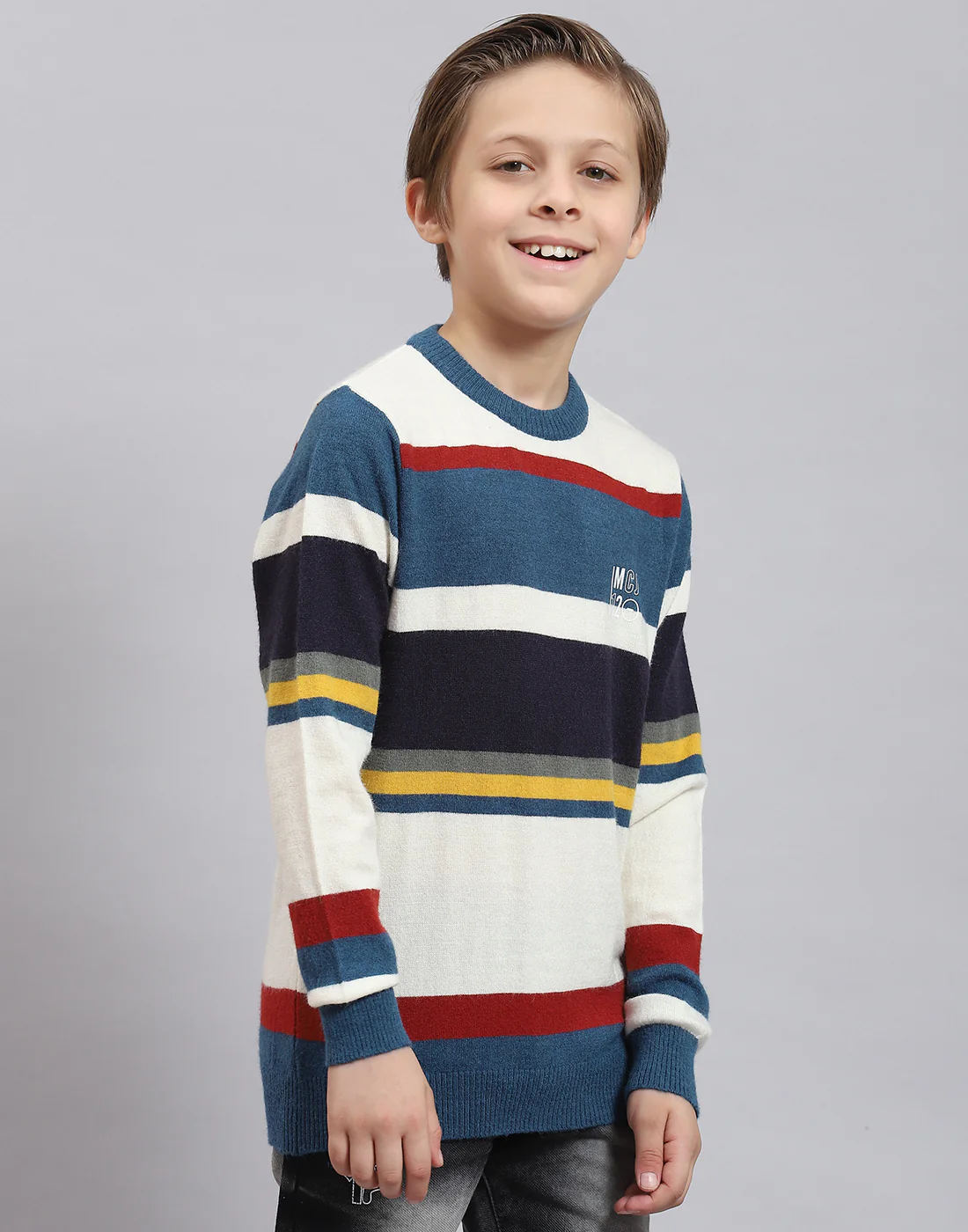 Boys Teal Blue Stripe Round Neck Full Sleeve Sweater - Image 4