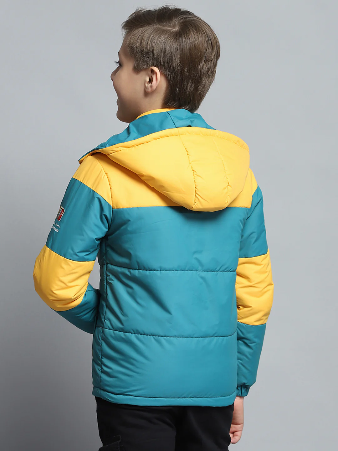 Boys Teal Blue & Yellow Printed Detachable Hood Full Sleeve Jacket - Image 5
