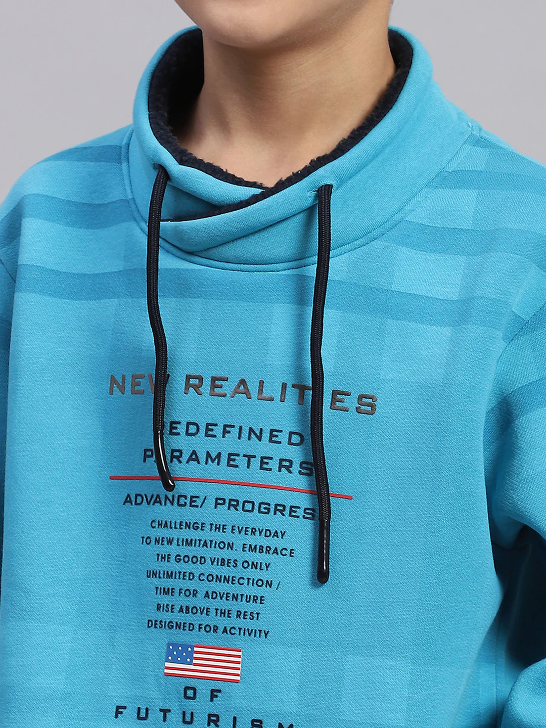 Boys Turquoise Blue Printed F Neck Full Sleeve Sweatshirt - Image 6