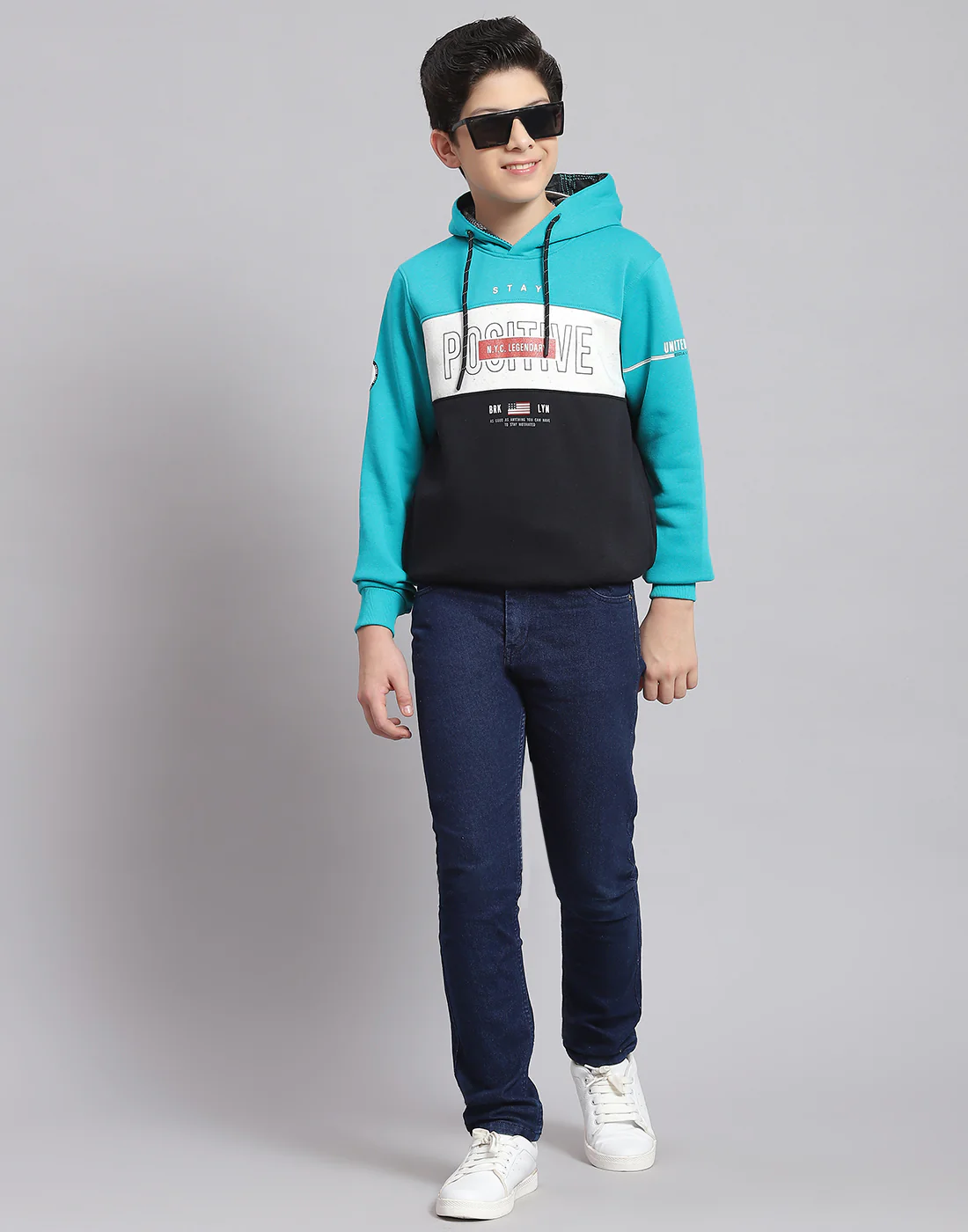Boys Turquoise Blue Printed Hooded Full Sleeve Sweatshirt - Image 2