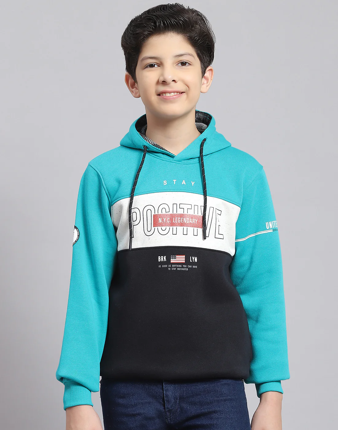 Boys Turquoise Blue Printed Hooded Full Sleeve Sweatshirt - Image 3