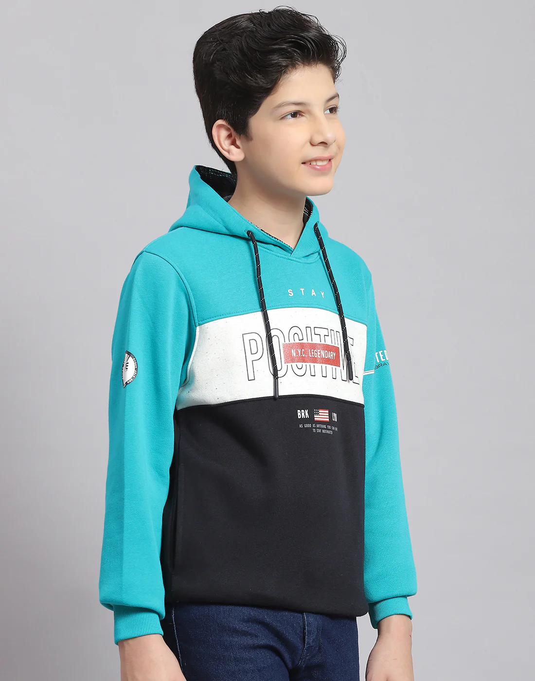 Boys Turquoise Blue Printed Hooded Full Sleeve Sweatshirt - Image 4