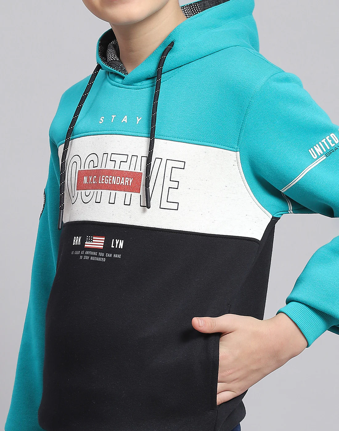 Boys Turquoise Blue Printed Hooded Full Sleeve Sweatshirt - Image 6