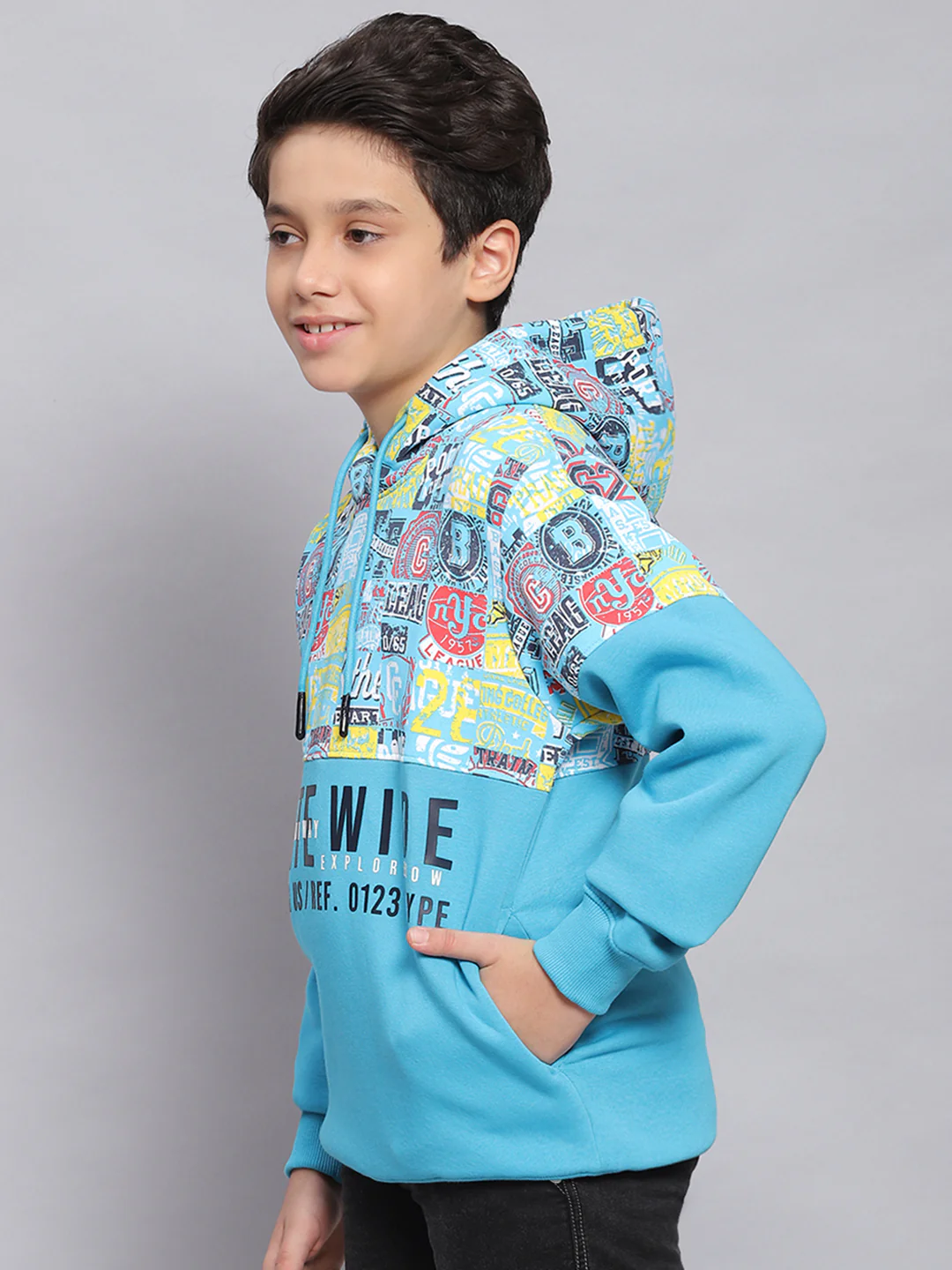 Boys Turquoise Blue Printed Hooded Full Sleeve Sweatshirt - Image 3