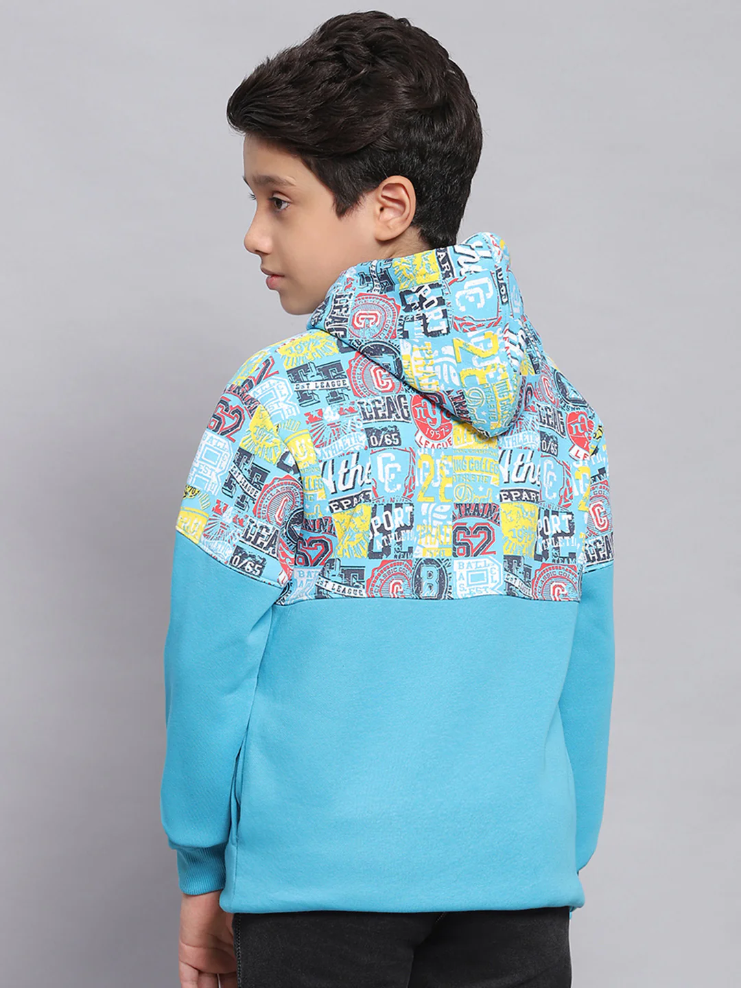 Boys Turquoise Blue Printed Hooded Full Sleeve Sweatshirt - Image 5