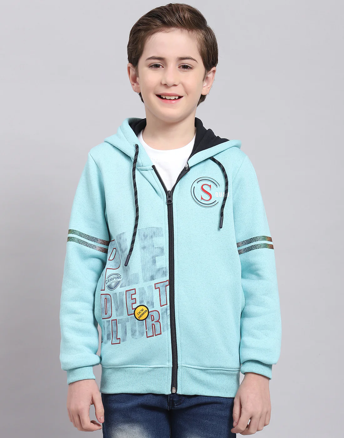Boys Turquoise Blue Printed Hooded Full Sleeve Sweatshirt - Image 2