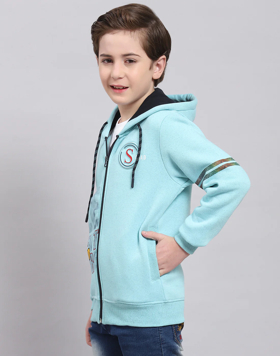 Boys Turquoise Blue Printed Hooded Full Sleeve Sweatshirt - Image 3