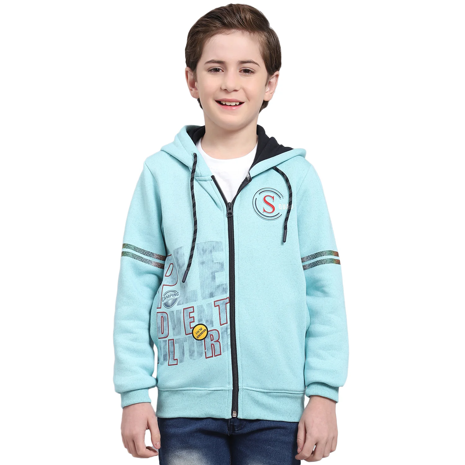 Boys Turquoise Blue Printed Hooded Full Sleeve Sweatshirt - Image 5