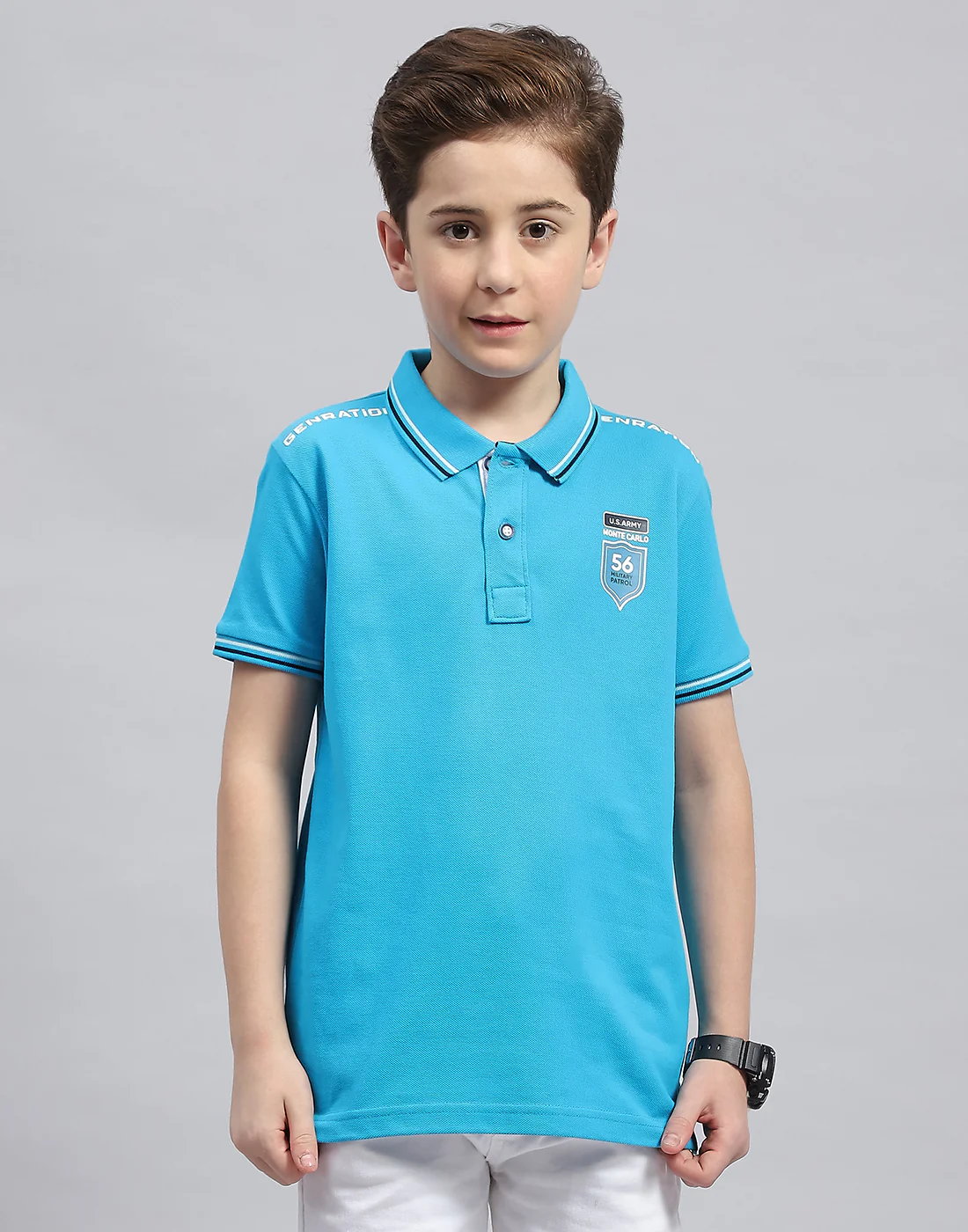 Boys Turquoise Blue Printed Polo Collar Half Sleeve T-Shirt - Image 3