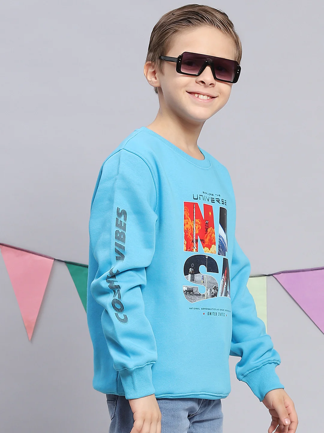Boys Turquoise Blue Printed Round Neck Full Sleeve Sweatshirt - Image 4
