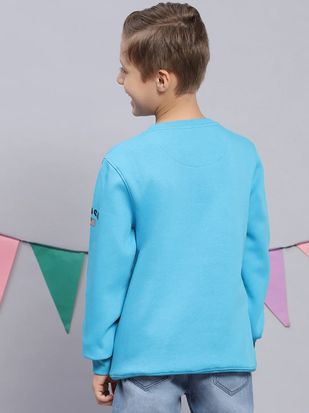 Boys Turquoise Blue Printed Round Neck Full Sleeve Sweatshirt - Image 5