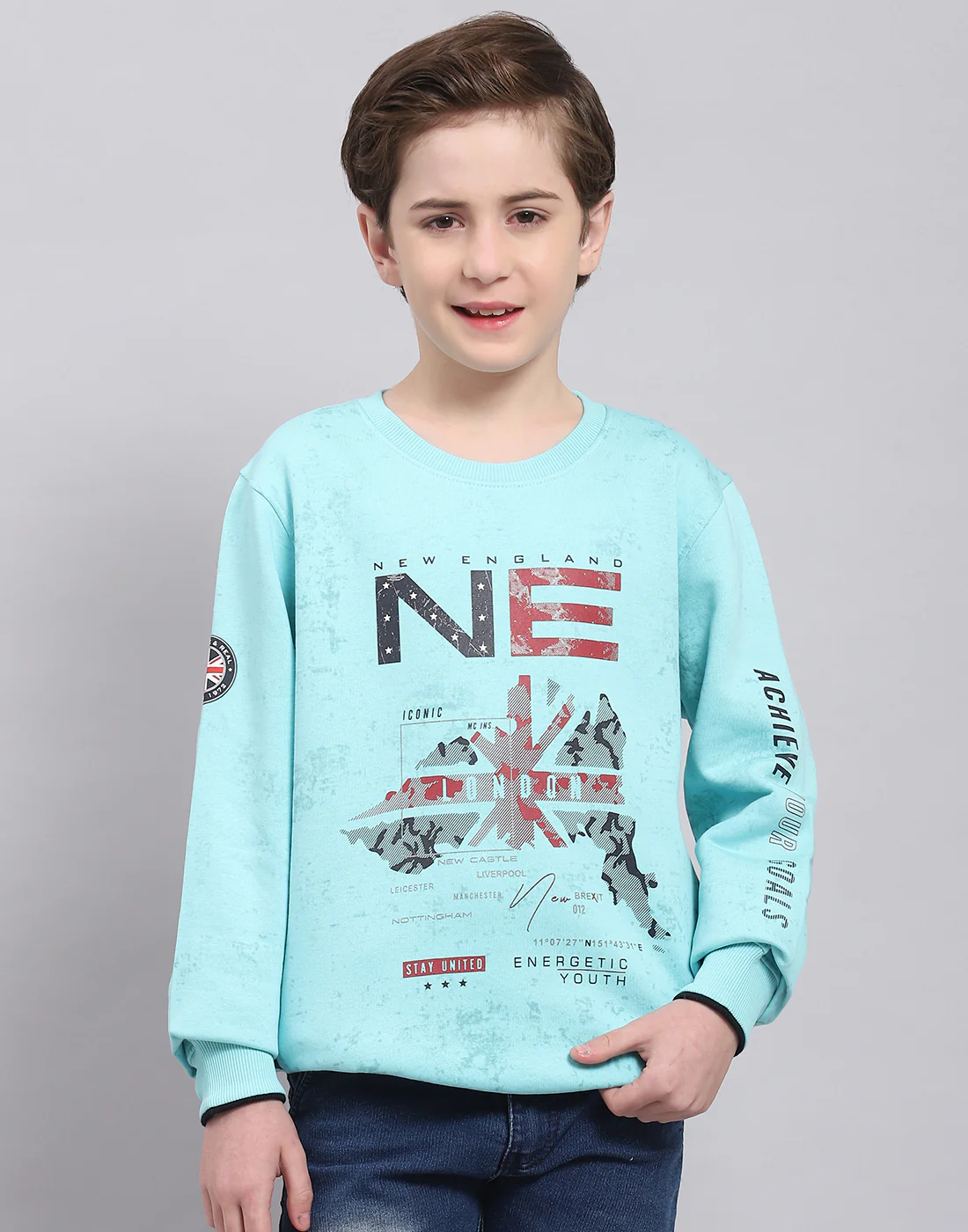 Boys Turquoise Blue Printed Round Neck Full Sleeve Sweatshirt - Image 2