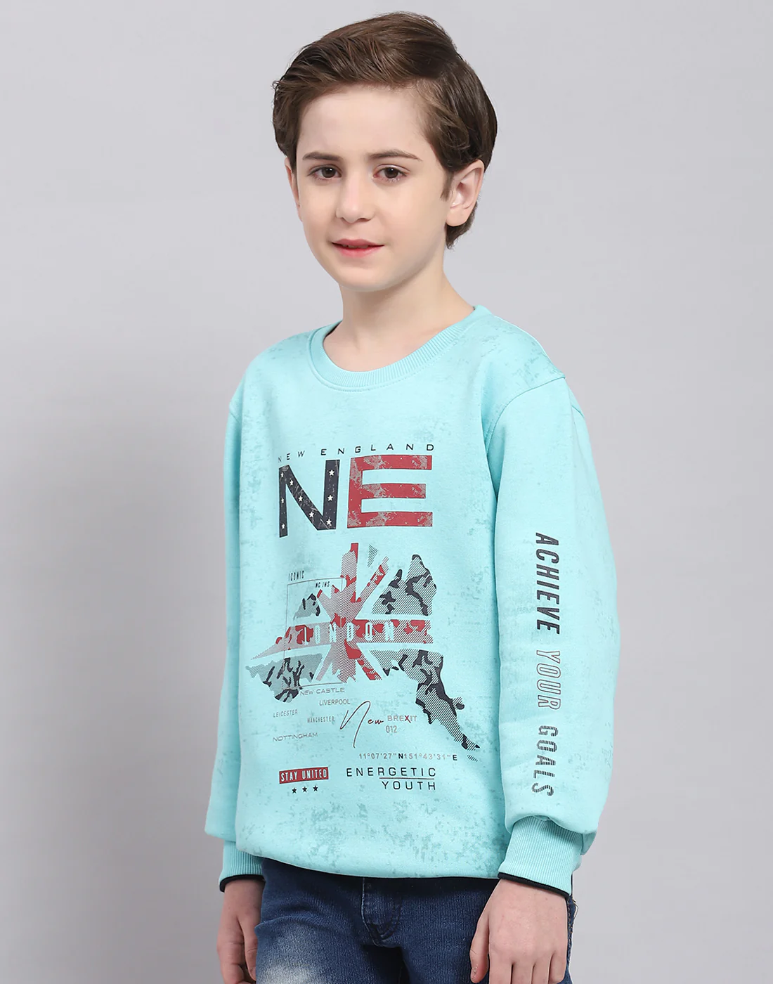 Boys Turquoise Blue Printed Round Neck Full Sleeve Sweatshirt - Image 3