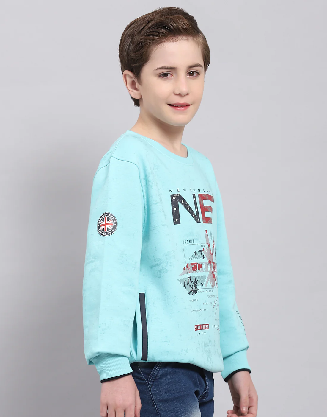Boys Turquoise Blue Printed Round Neck Full Sleeve Sweatshirt - Image 4