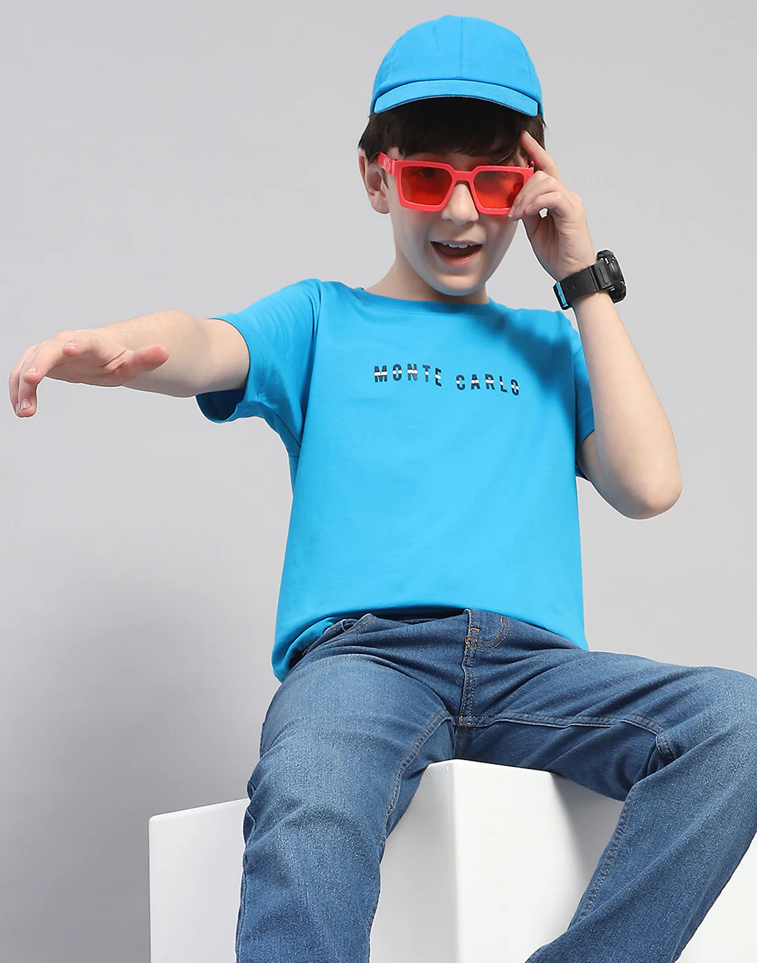 Boys Turquoise Blue Printed Round Neck Half Sleeve T-Shirt - Image 6