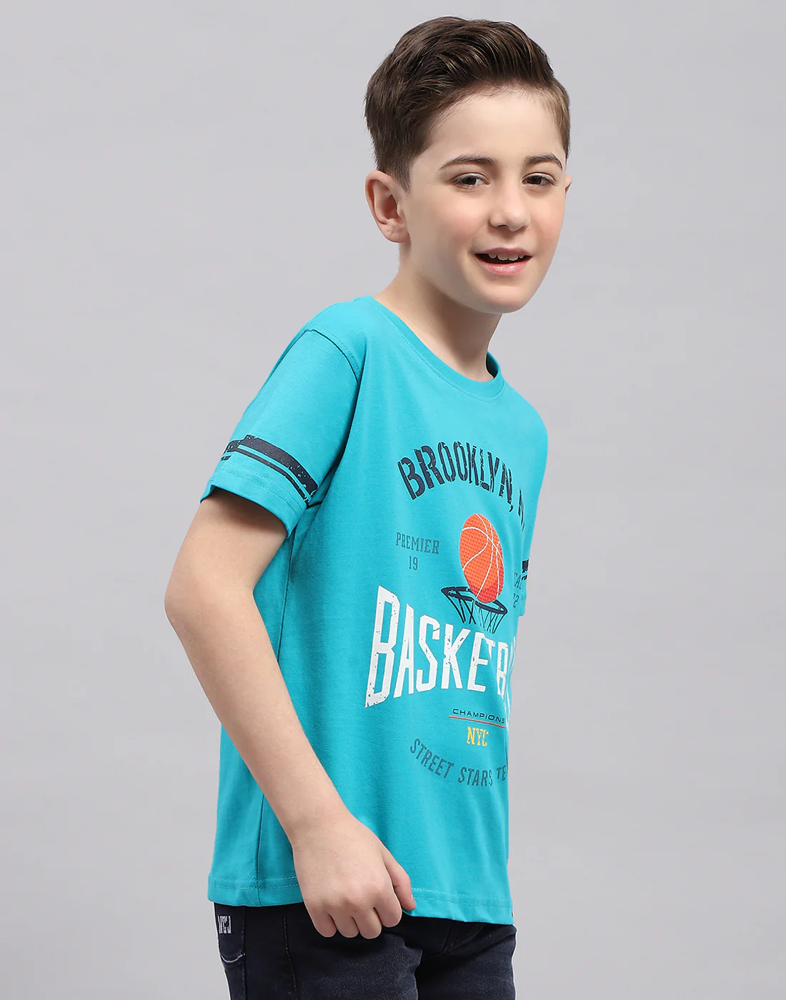 Boys Turquoise Blue Printed Round Neck Half Sleeve T-Shirt - Image 4