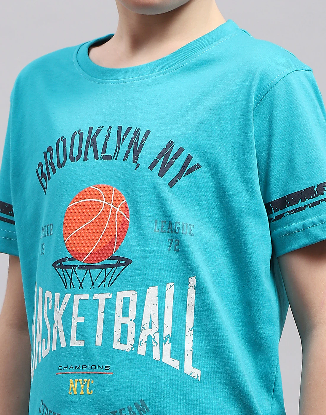 Boys Turquoise Blue Printed Round Neck Half Sleeve T-Shirt - Image 6
