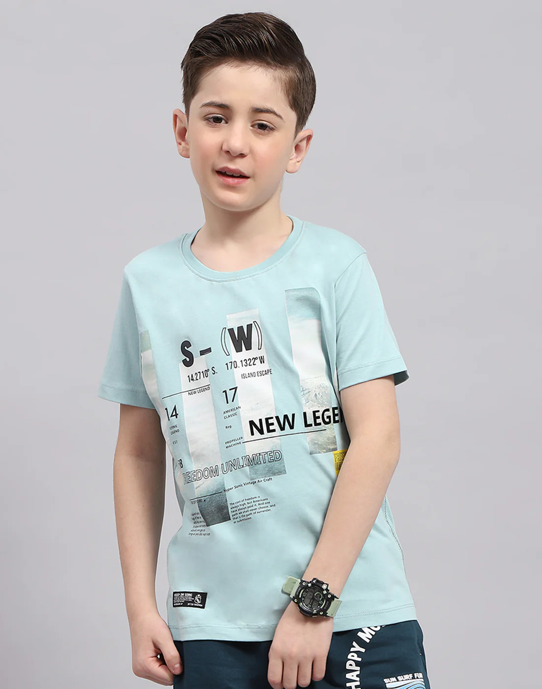 Boys Turquoise Blue Printed Round Neck Half Sleeve T-Shirt - Image 2
