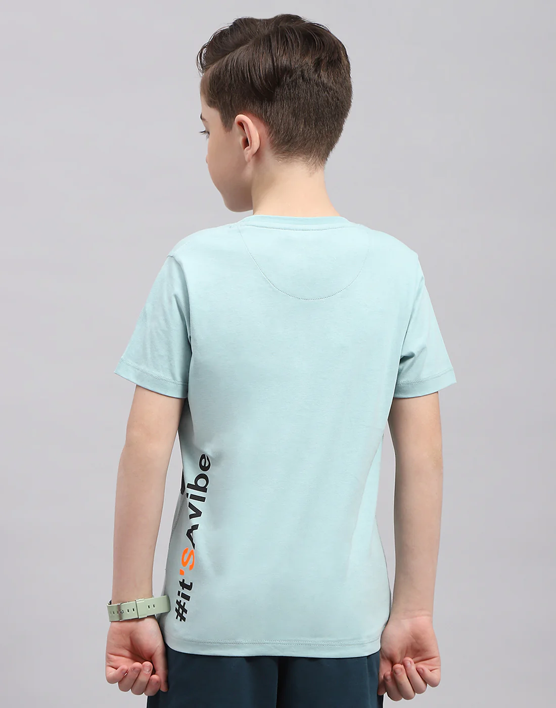 Boys Turquoise Blue Printed Round Neck Half Sleeve T-Shirt - Image 5