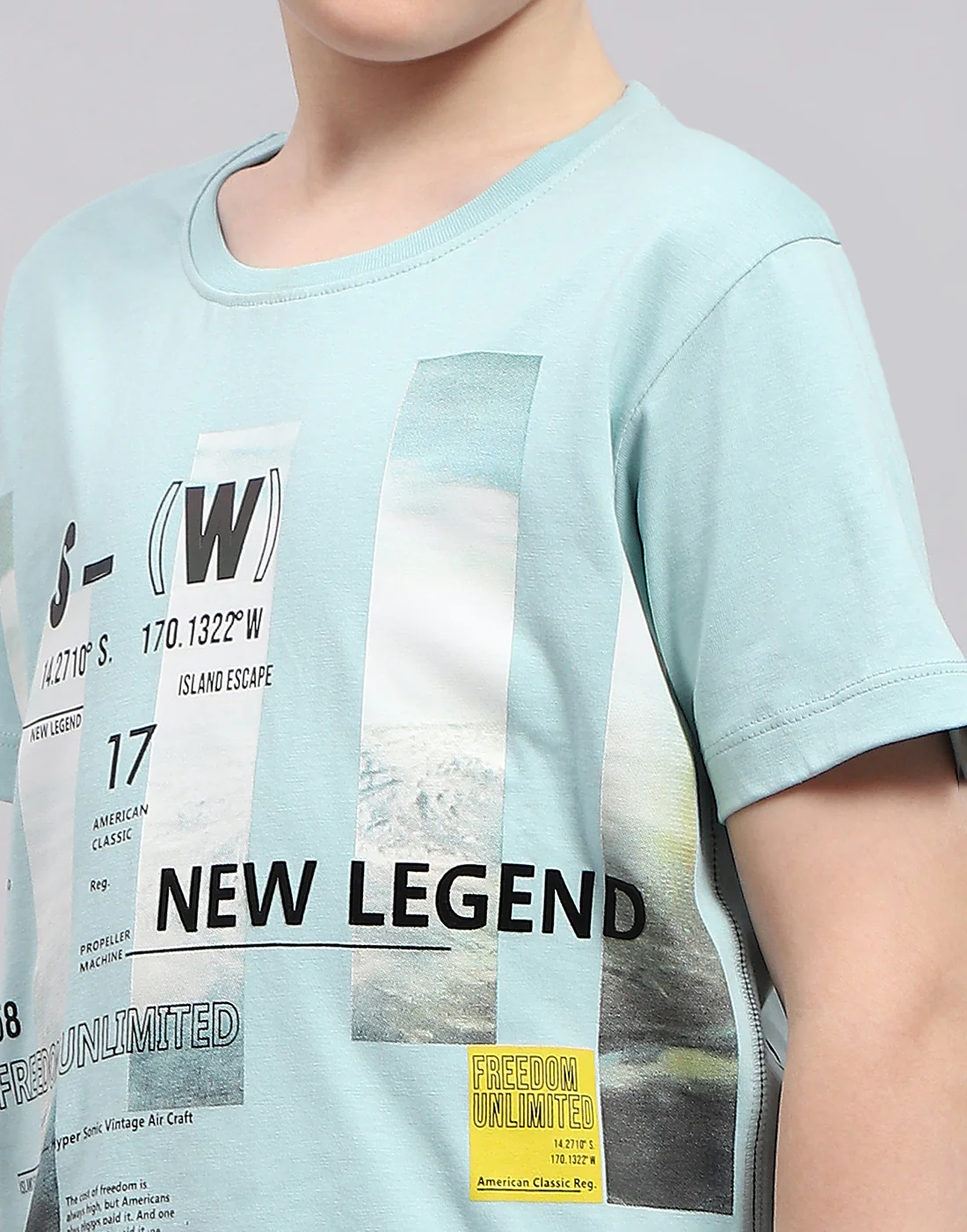 Boys Turquoise Blue Printed Round Neck Half Sleeve T-Shirt - Image 6