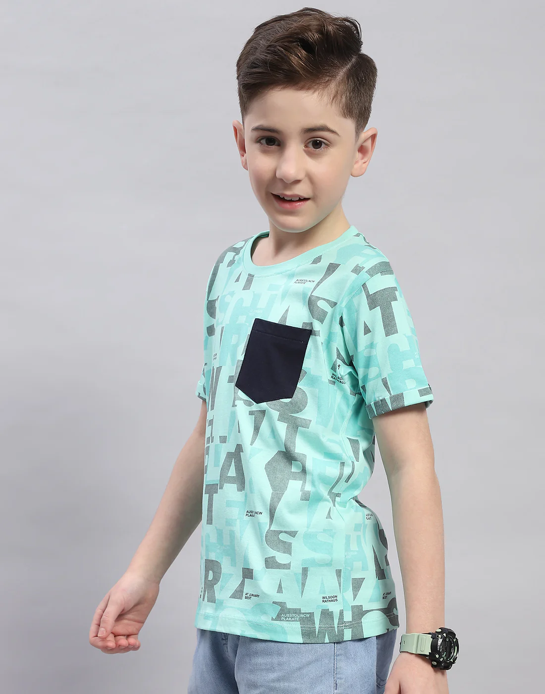 Boys Turquoise Blue Printed Round Neck Half Sleeve T-Shirt - Image 3