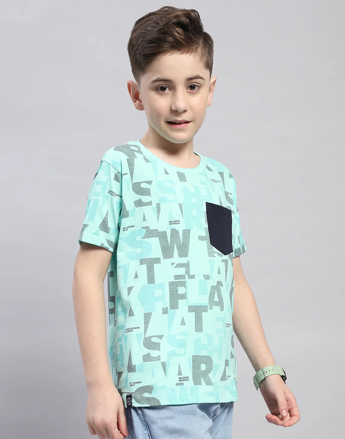 Boys Turquoise Blue Printed Round Neck Half Sleeve T-Shirt - Image 4