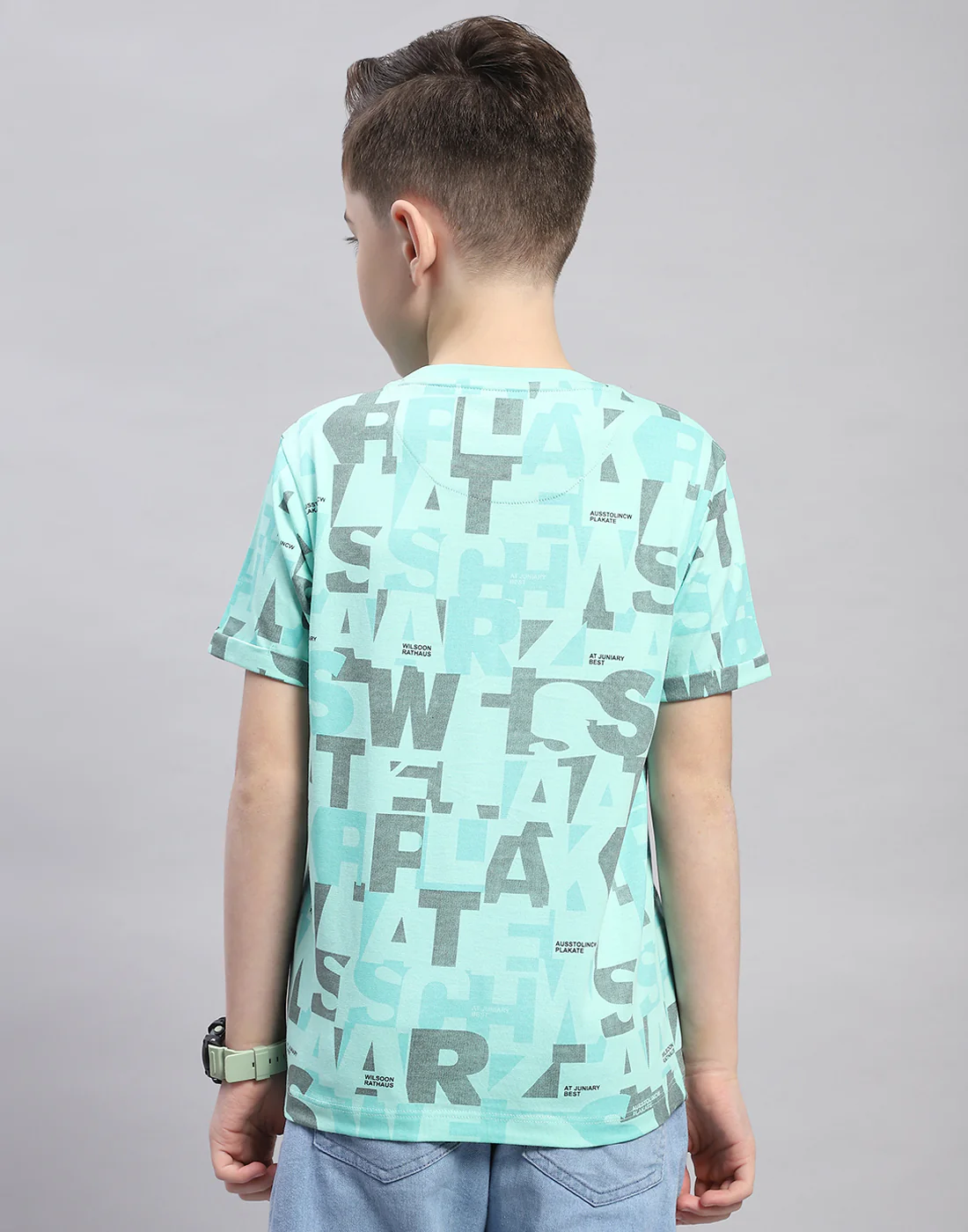 Boys Turquoise Blue Printed Round Neck Half Sleeve T-Shirt - Image 5