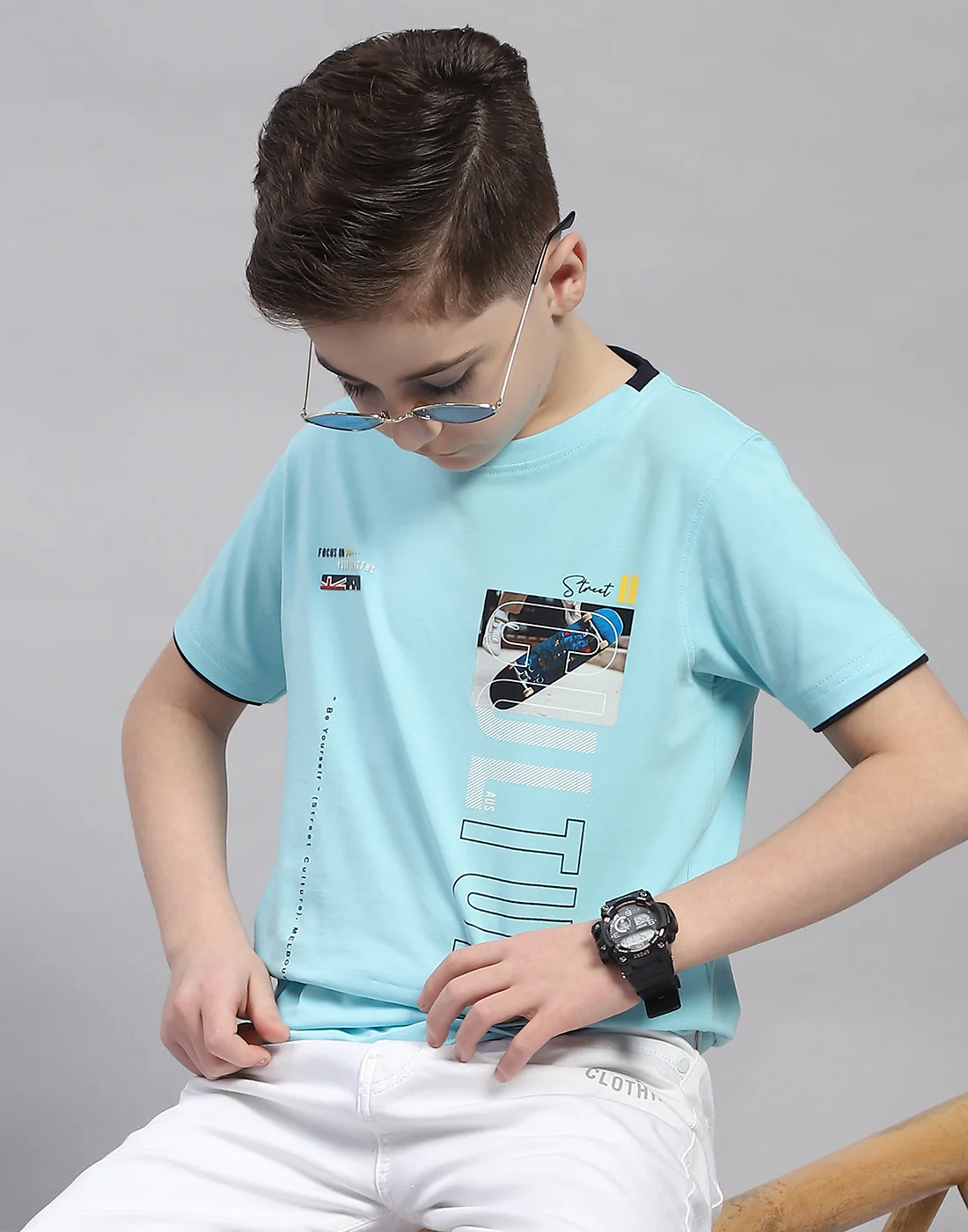 Boys Turquoise Blue Printed Round Neck Half Sleeve T-Shirt - Image 6