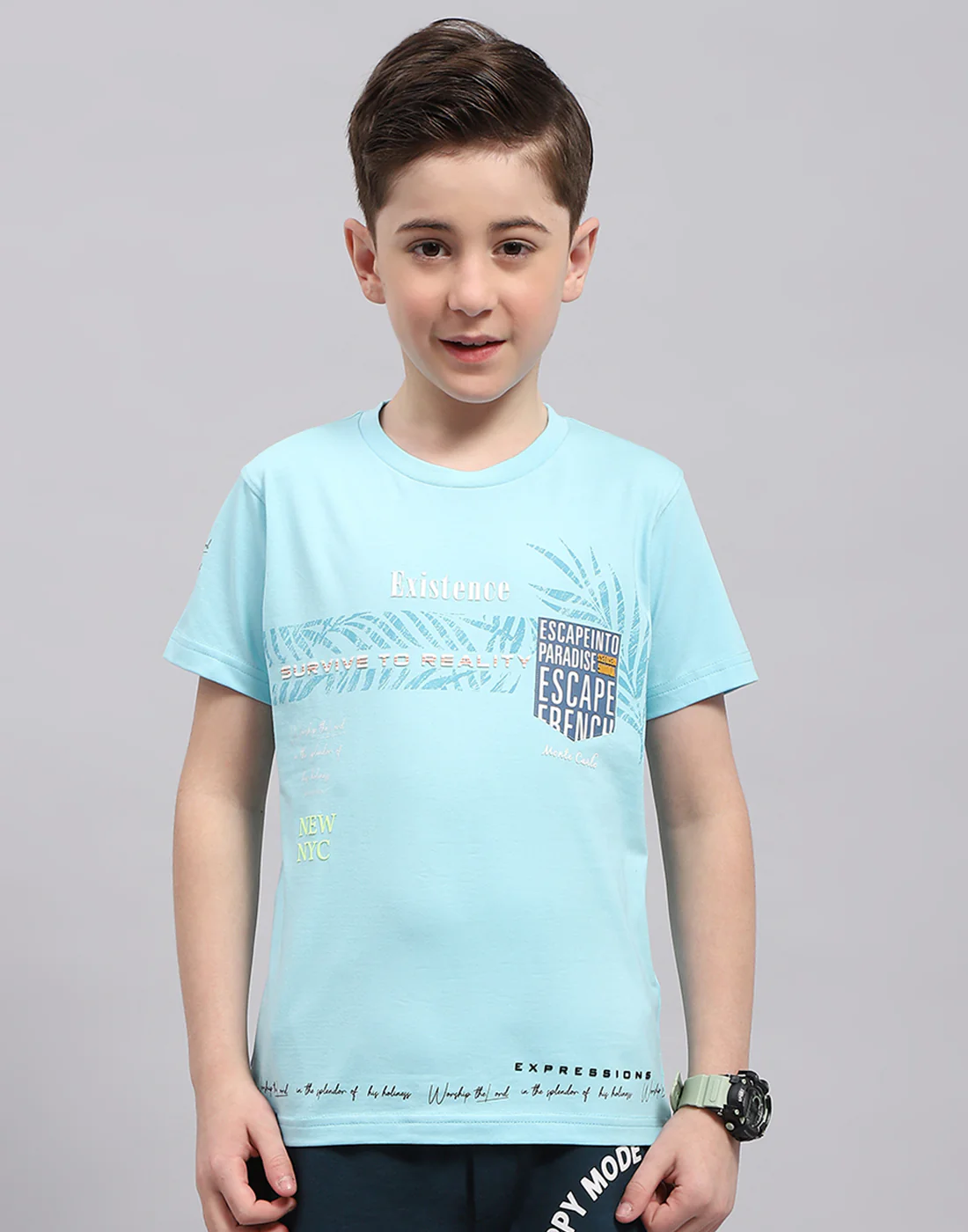 Boys Turquoise Blue Printed Round Neck Half Sleeve T-Shirt - Image 2