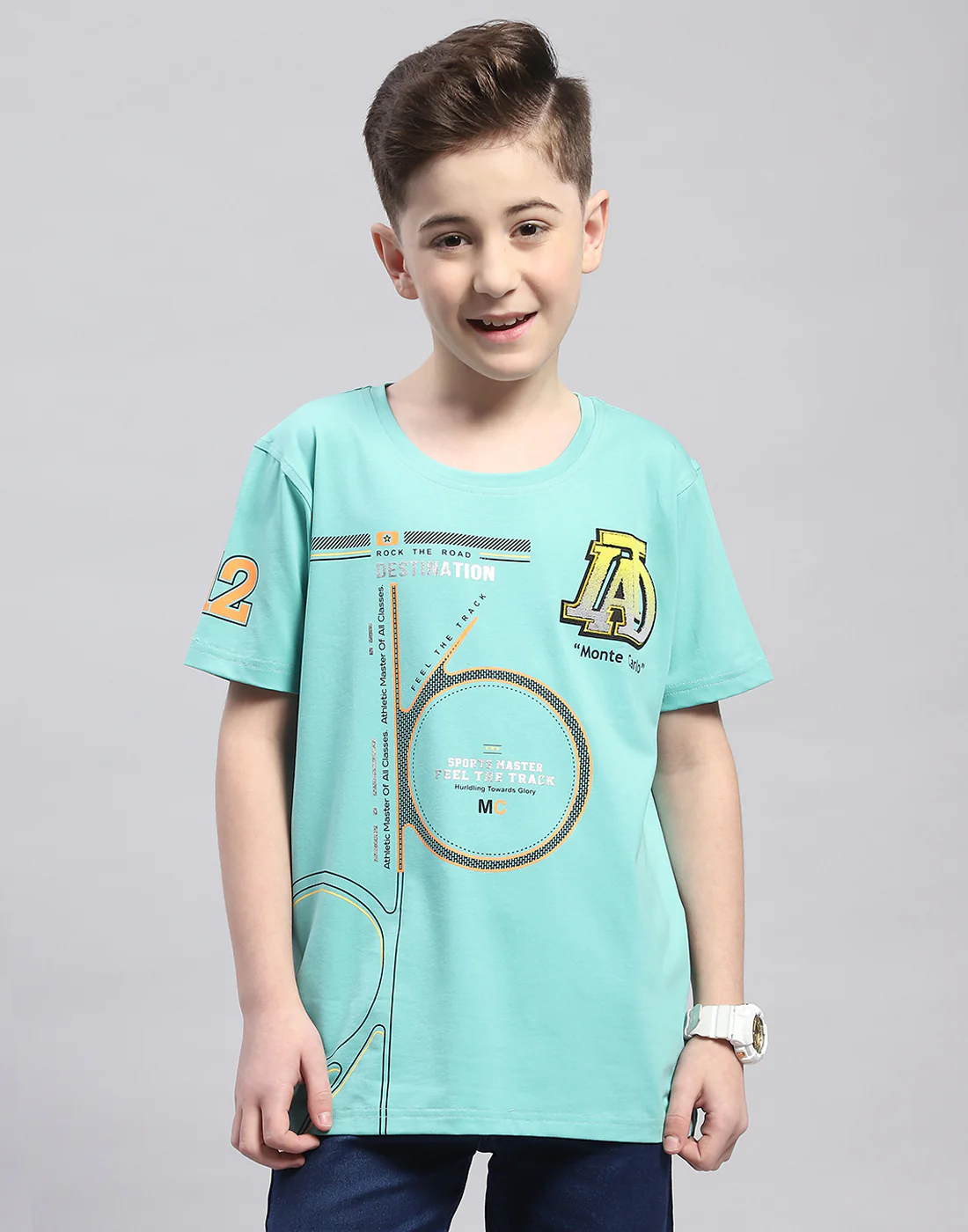 Boys Turquoise Blue Printed Round Neck Half Sleeve T-Shirt - Image 2