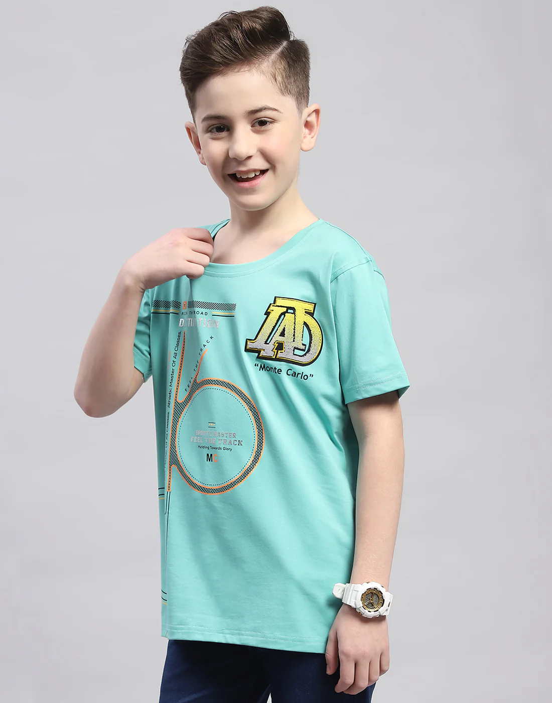 Boys Turquoise Blue Printed Round Neck Half Sleeve T-Shirt - Image 3
