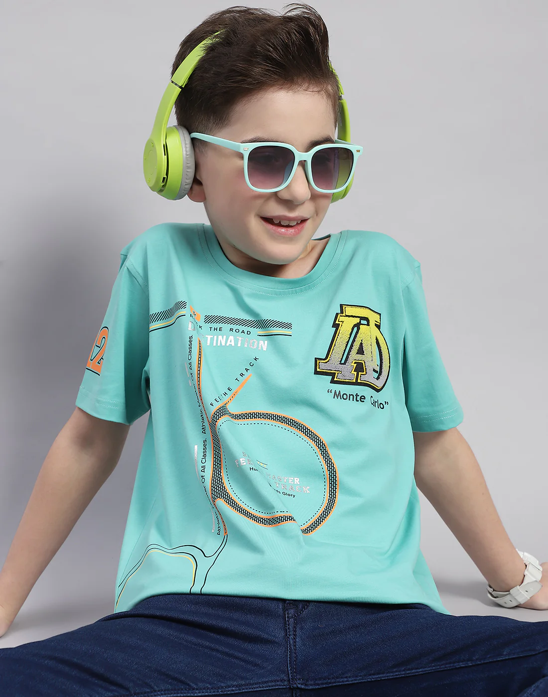 Boys Turquoise Blue Printed Round Neck Half Sleeve T-Shirt - Image 6