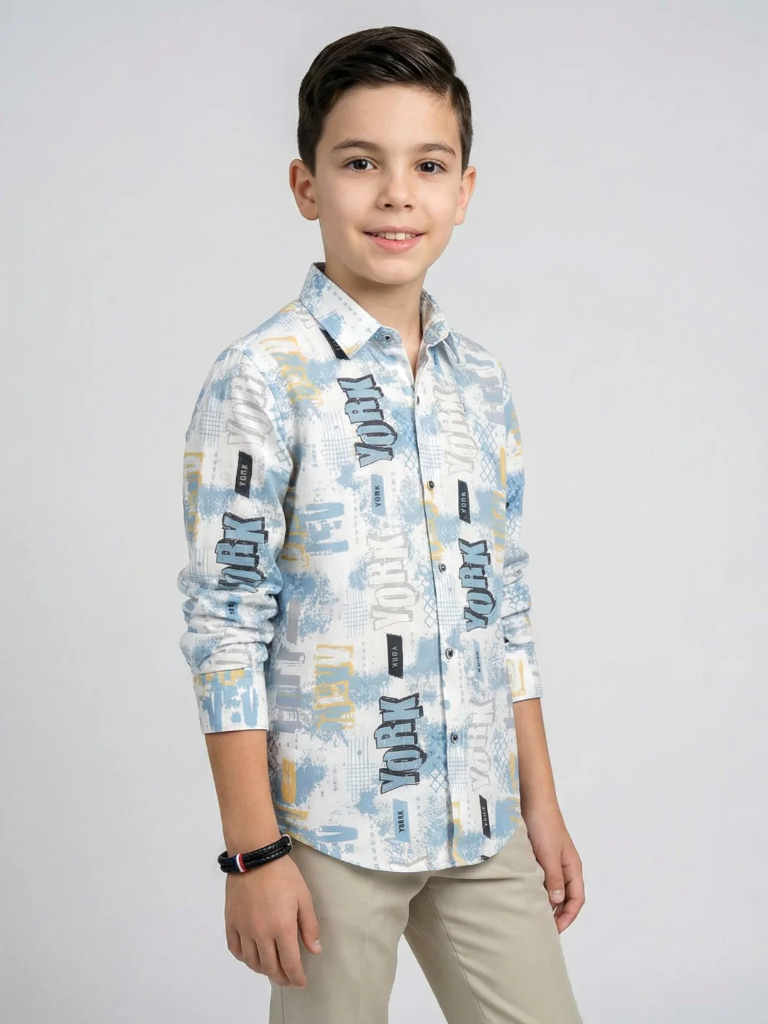 Boys White & Blue Printed Collar Full Sleeve Shirt