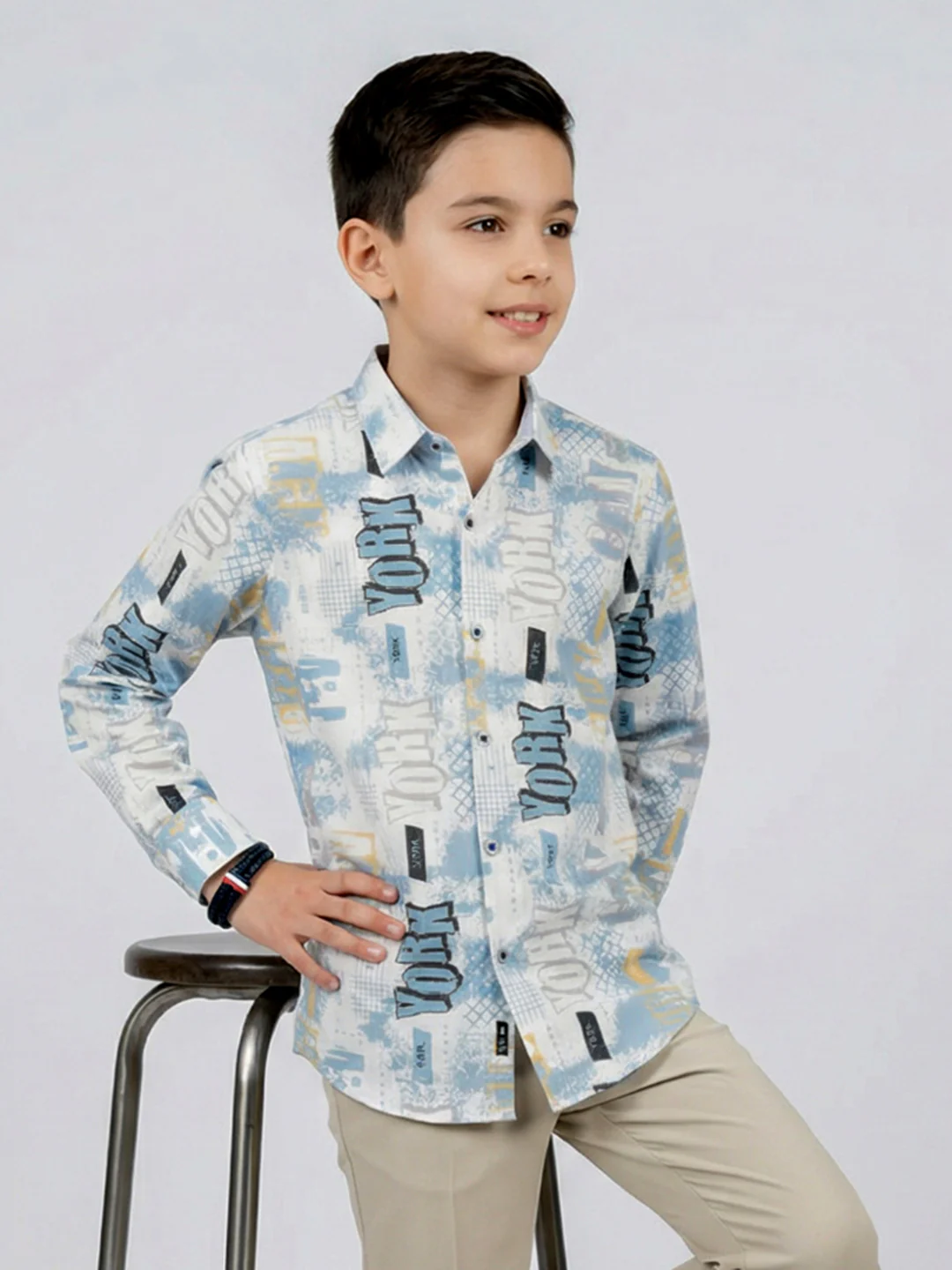 Boys White & Blue Printed Collar Full Sleeve Shirt - Image 5