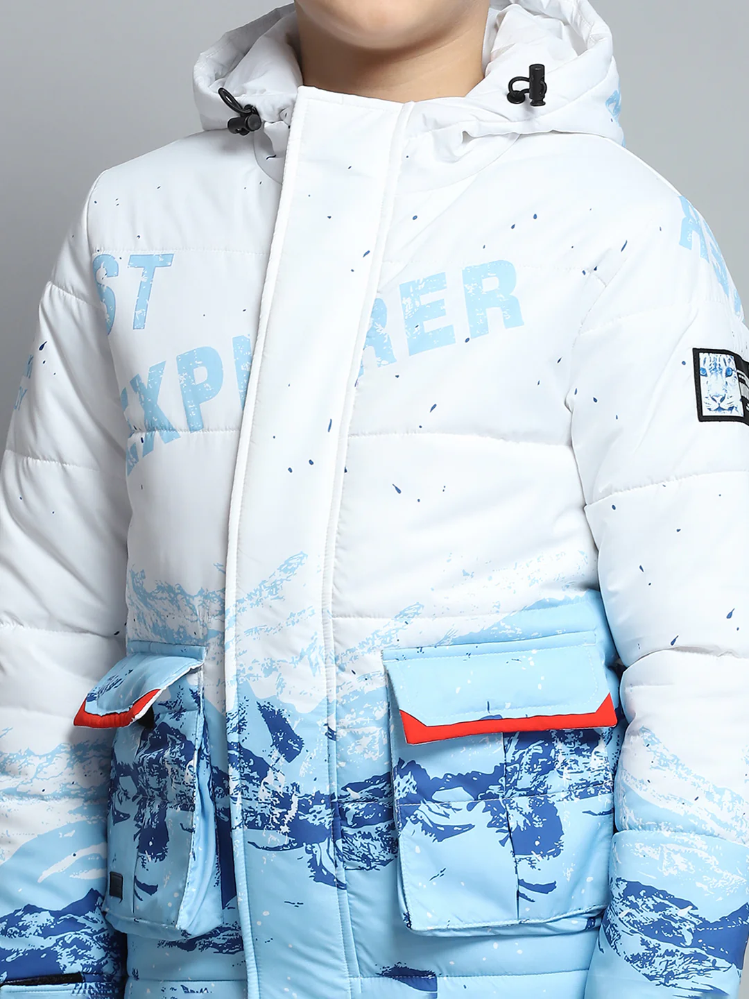 Boys White & Blue Printed Hooded Full Sleeve Jacket - Image 8