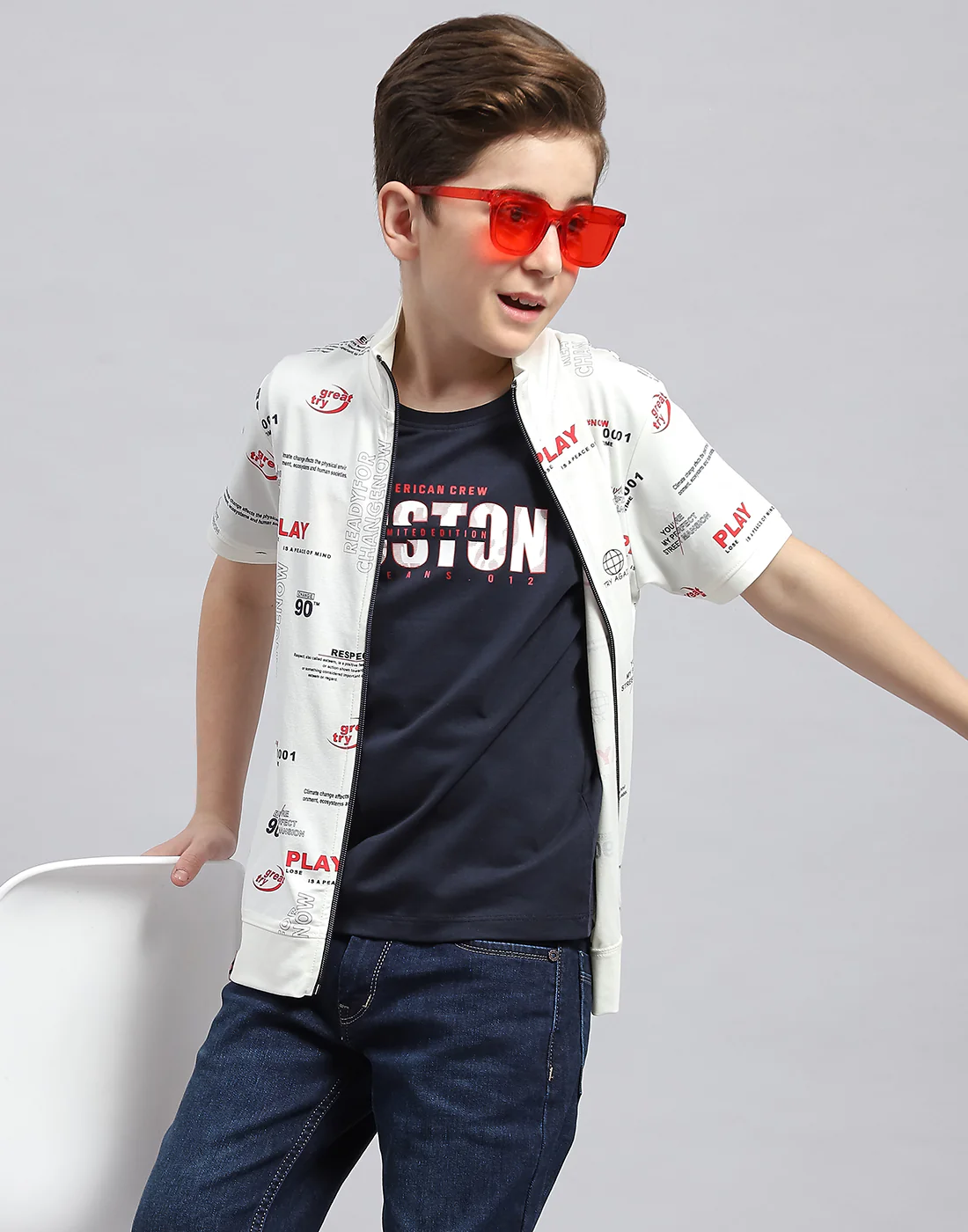 Boys White & Navy Blue Printed Round Neck Half Sleeve T-Shirt (Pack of 2) - Image 7