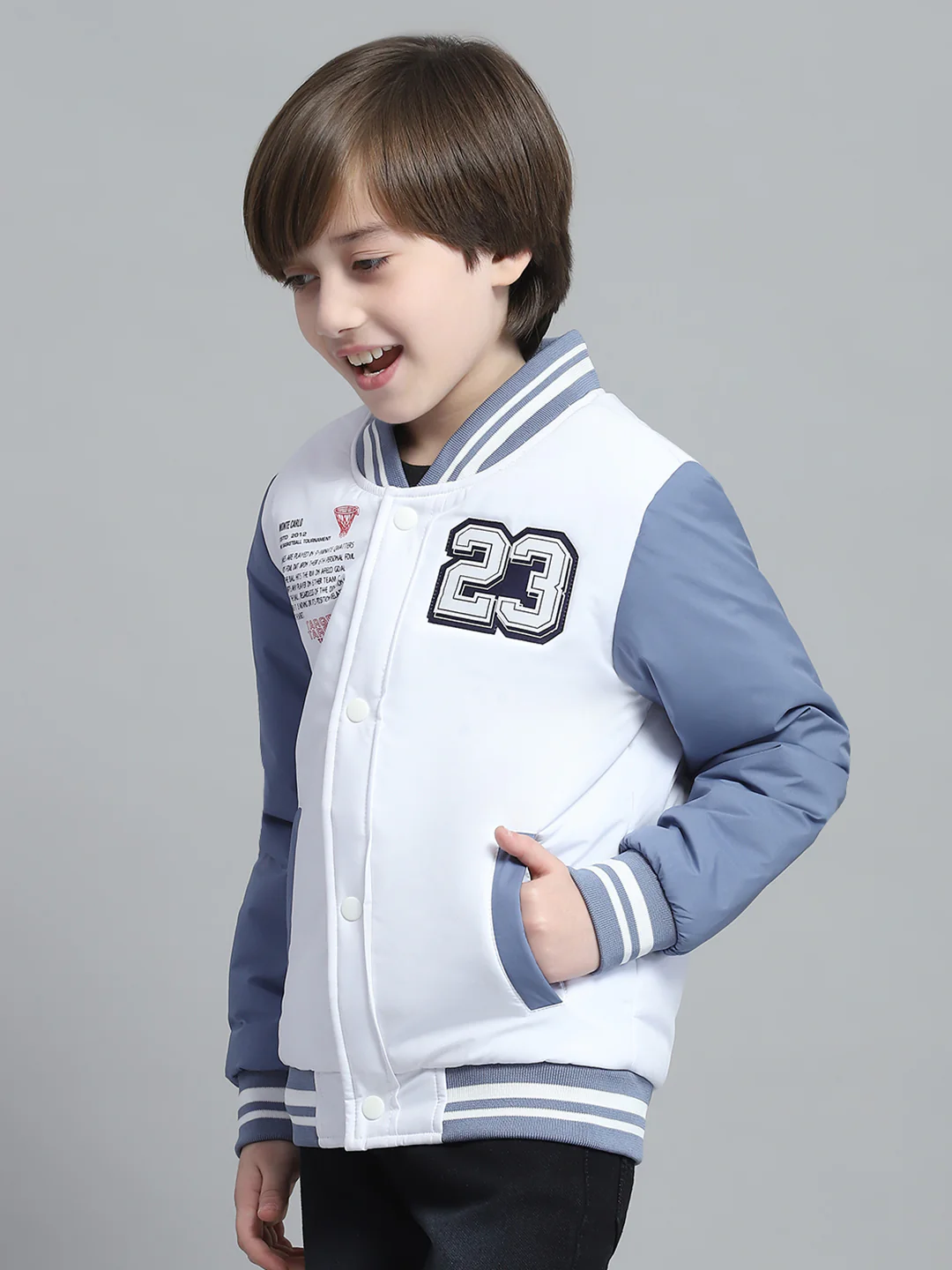 Boys White Printed Band Collar Full Sleeve Jacket - Image 2
