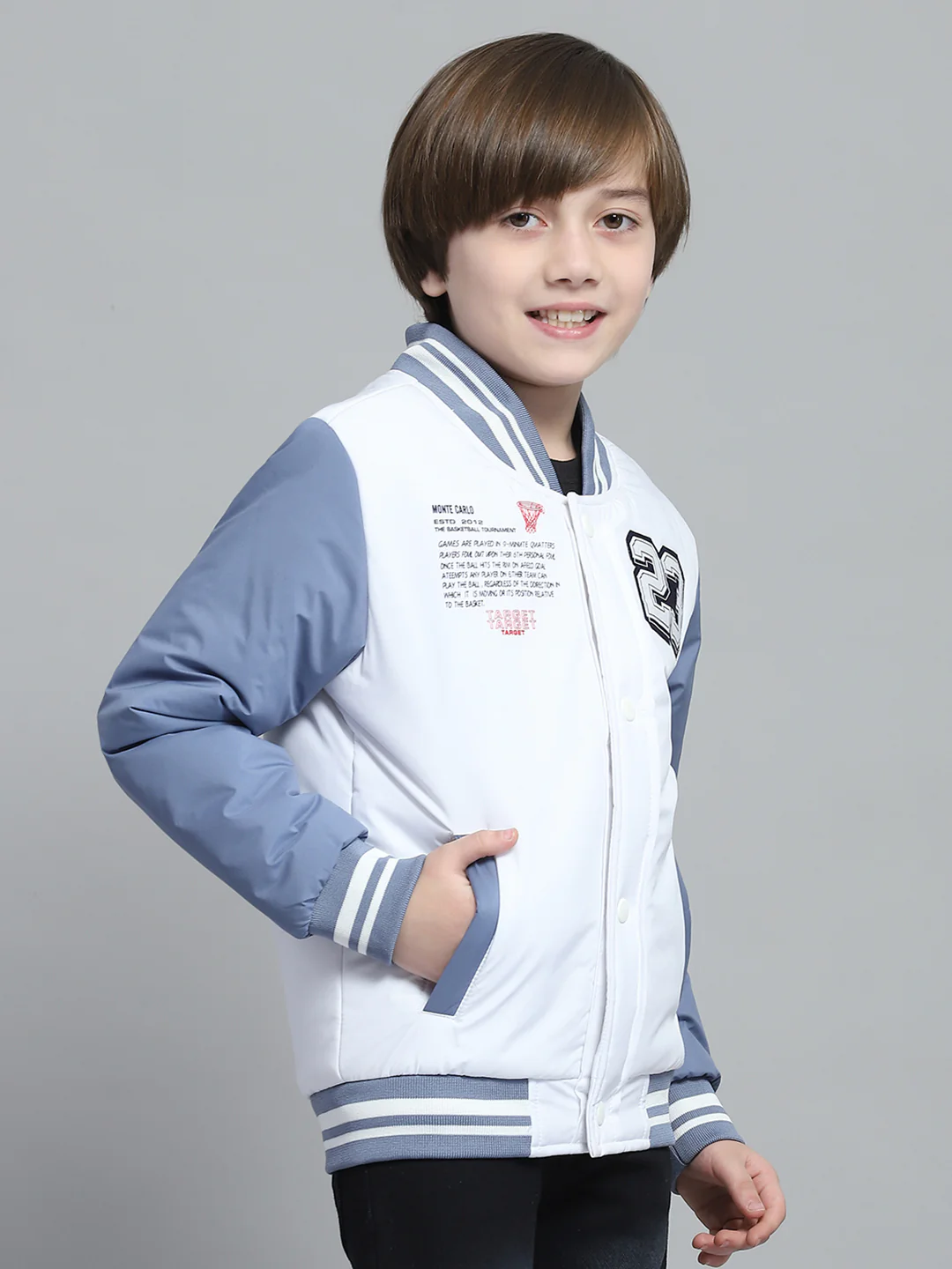 Boys White Printed Band Collar Full Sleeve Jacket - Image 3