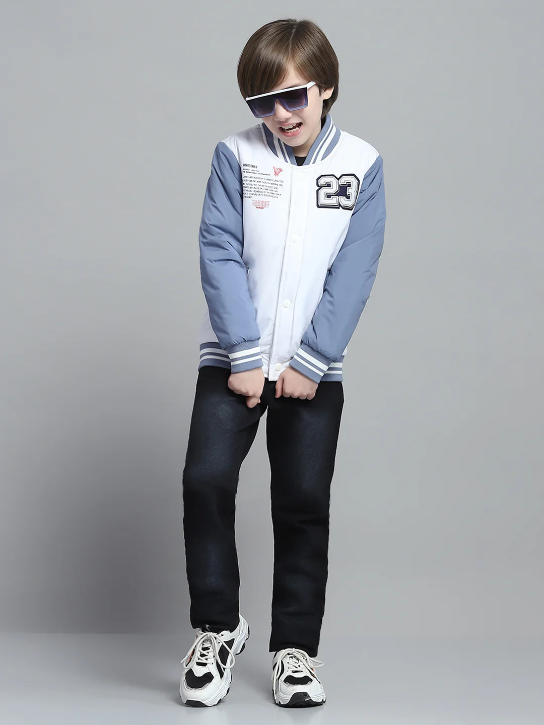 Boys White Printed Band Collar Full Sleeve Jacket - Image 5