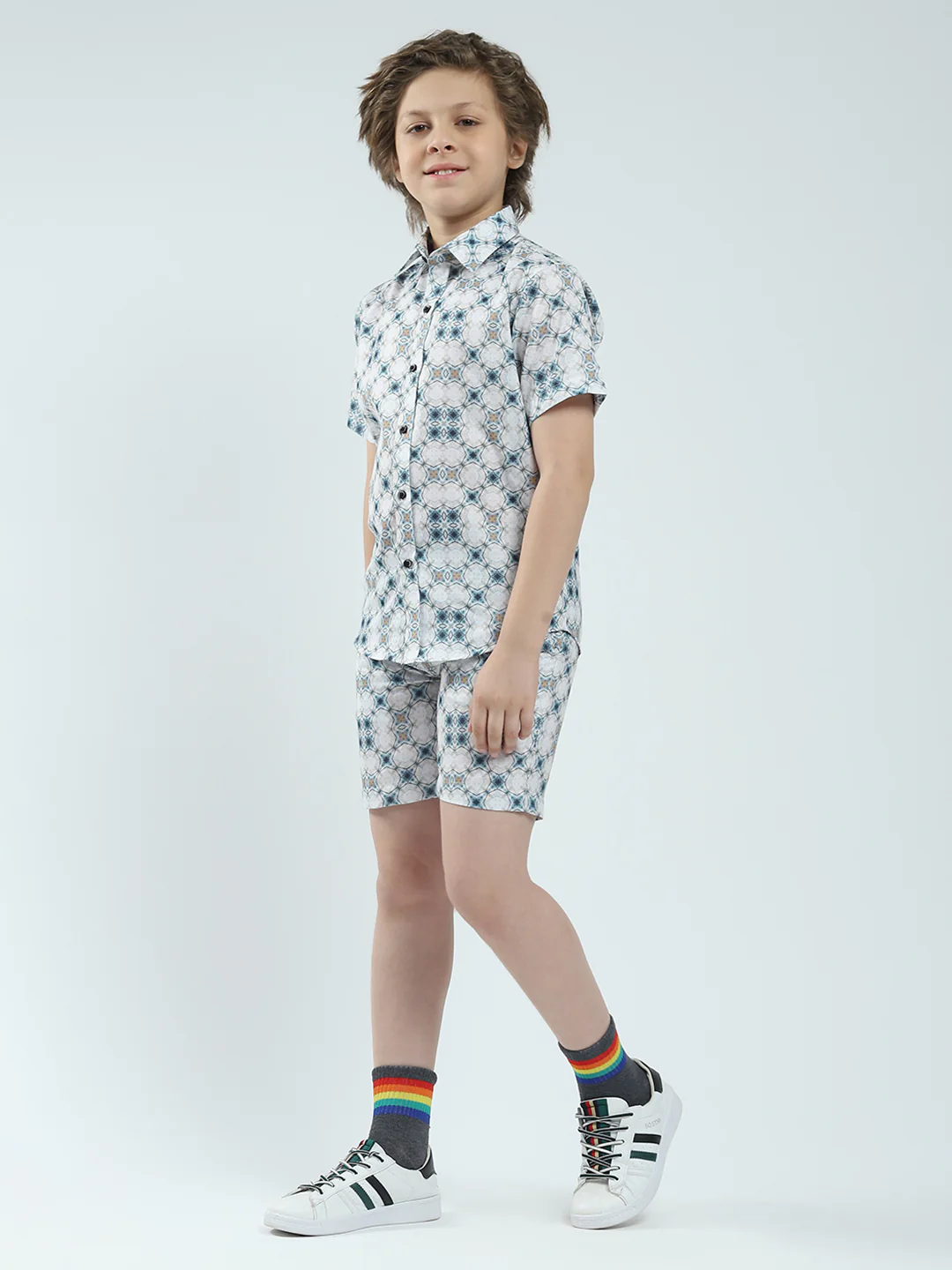 Boys White Printed Collar Half Sleeve Bermuda Set - Image 3